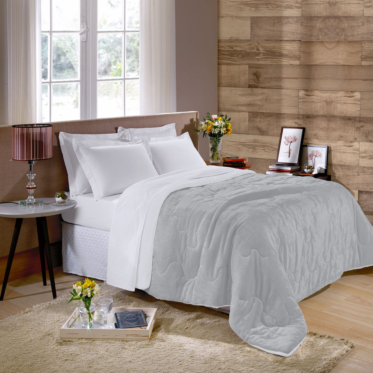 EDREDOM KING PLUSH  BICOLOR - CINZA 144107 /BRANCO