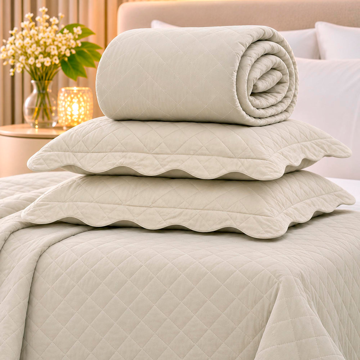 KIT CAMA  KING  MATELASSÊ - BEGE 12-0000