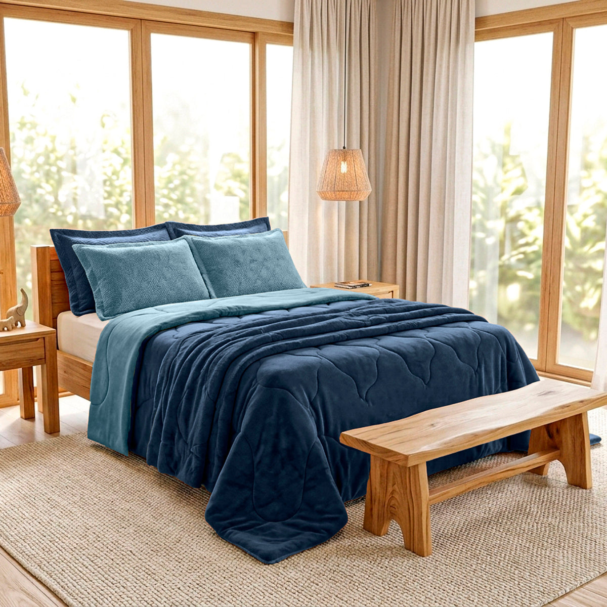 EDREDOM CASAL PLUSH  BICOLOR - AZUL 19-4110 / 18-4028