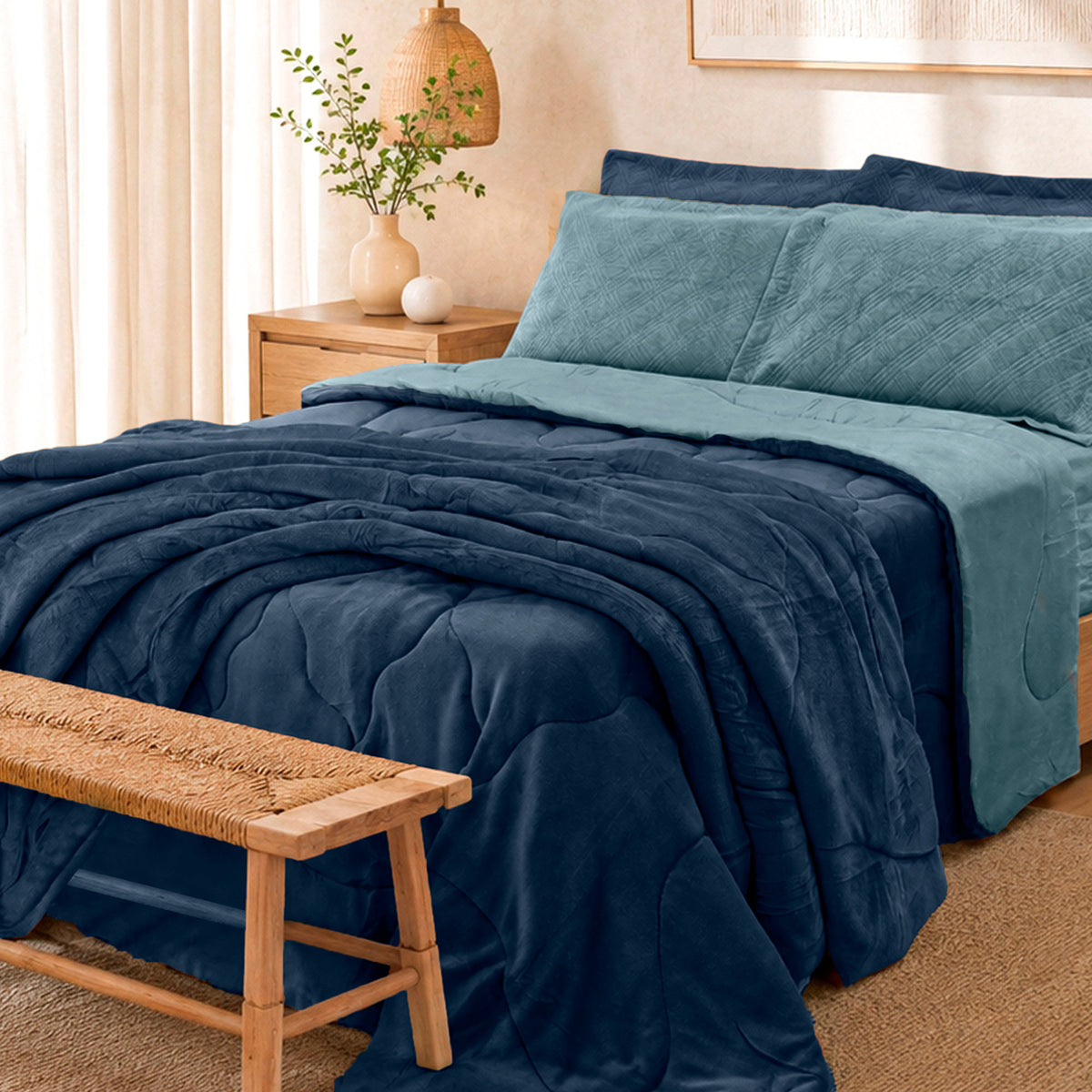 EDREDOM KING PLUSH  BICOLOR - AZUL 19-4110 / 18-4028