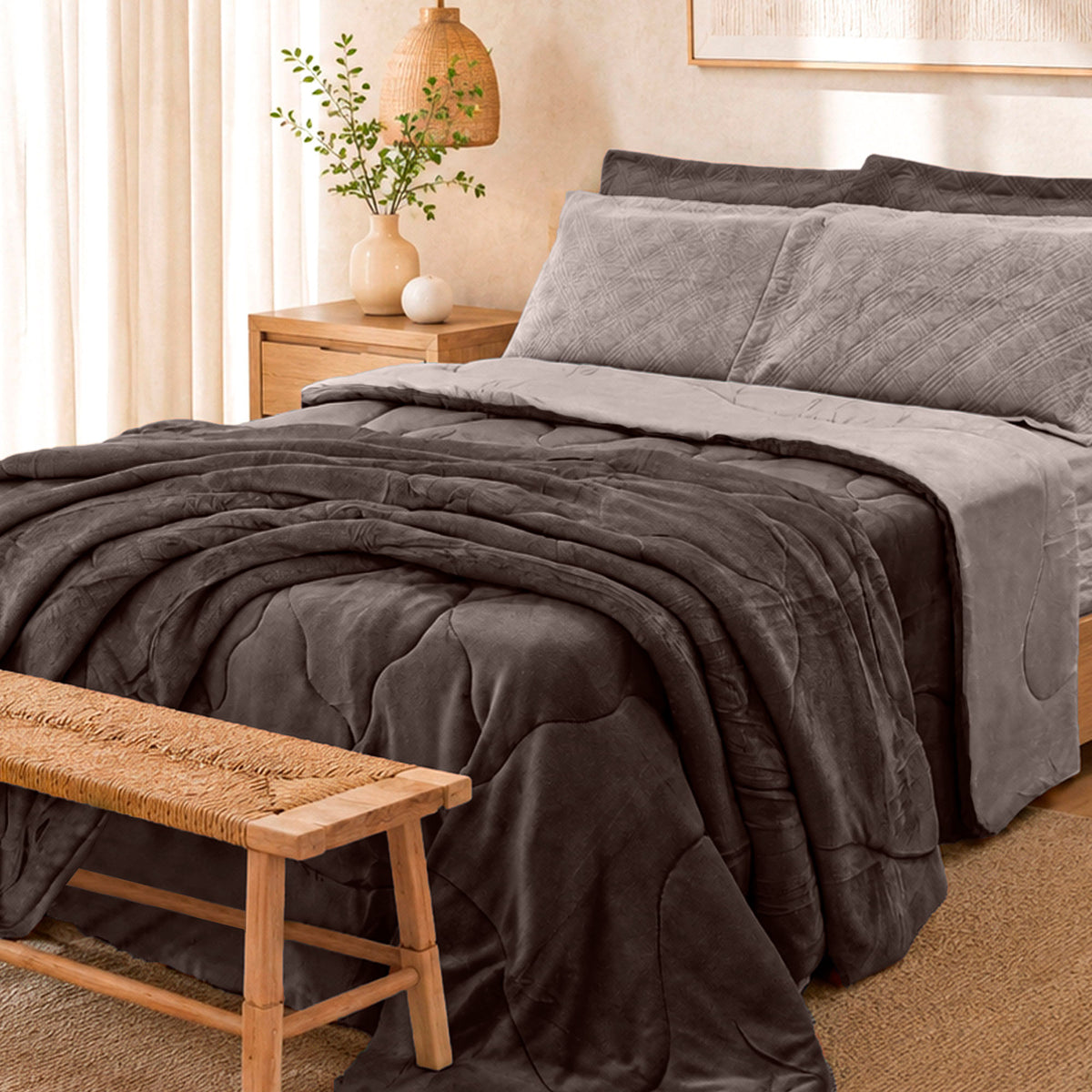 EDREDOM QUEEN PLUSH   BICOLOR - CINZA 180000 /163915