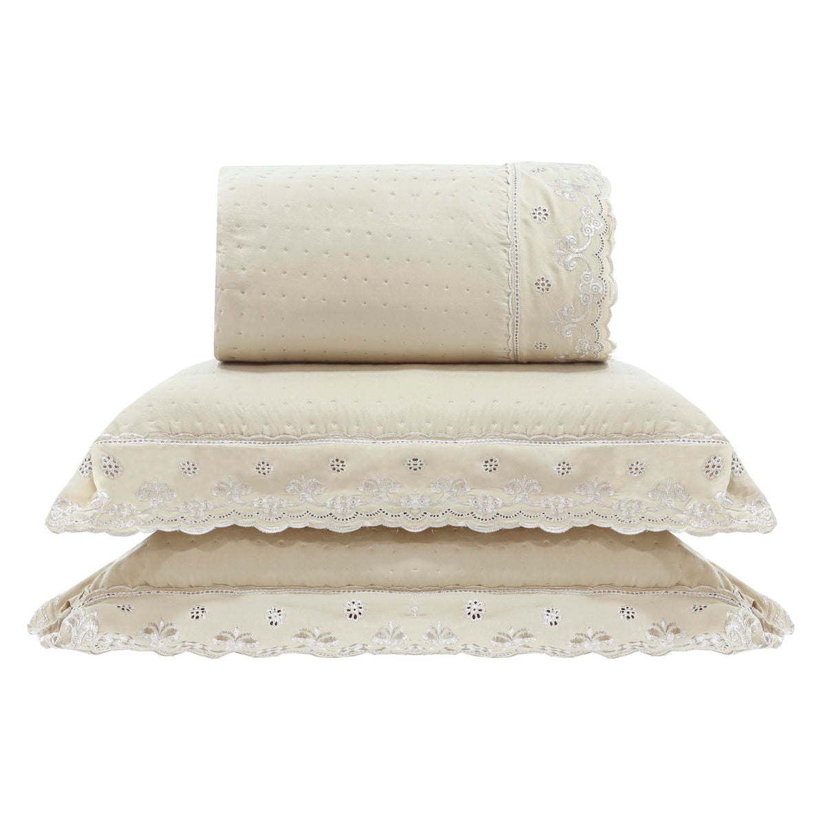 Kit Cama King Bordado Inglês - BEGE