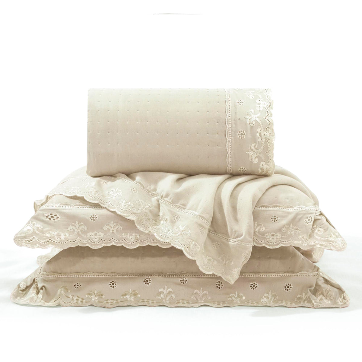 Kit Cama Casal Bordado Inglês - BEGE
