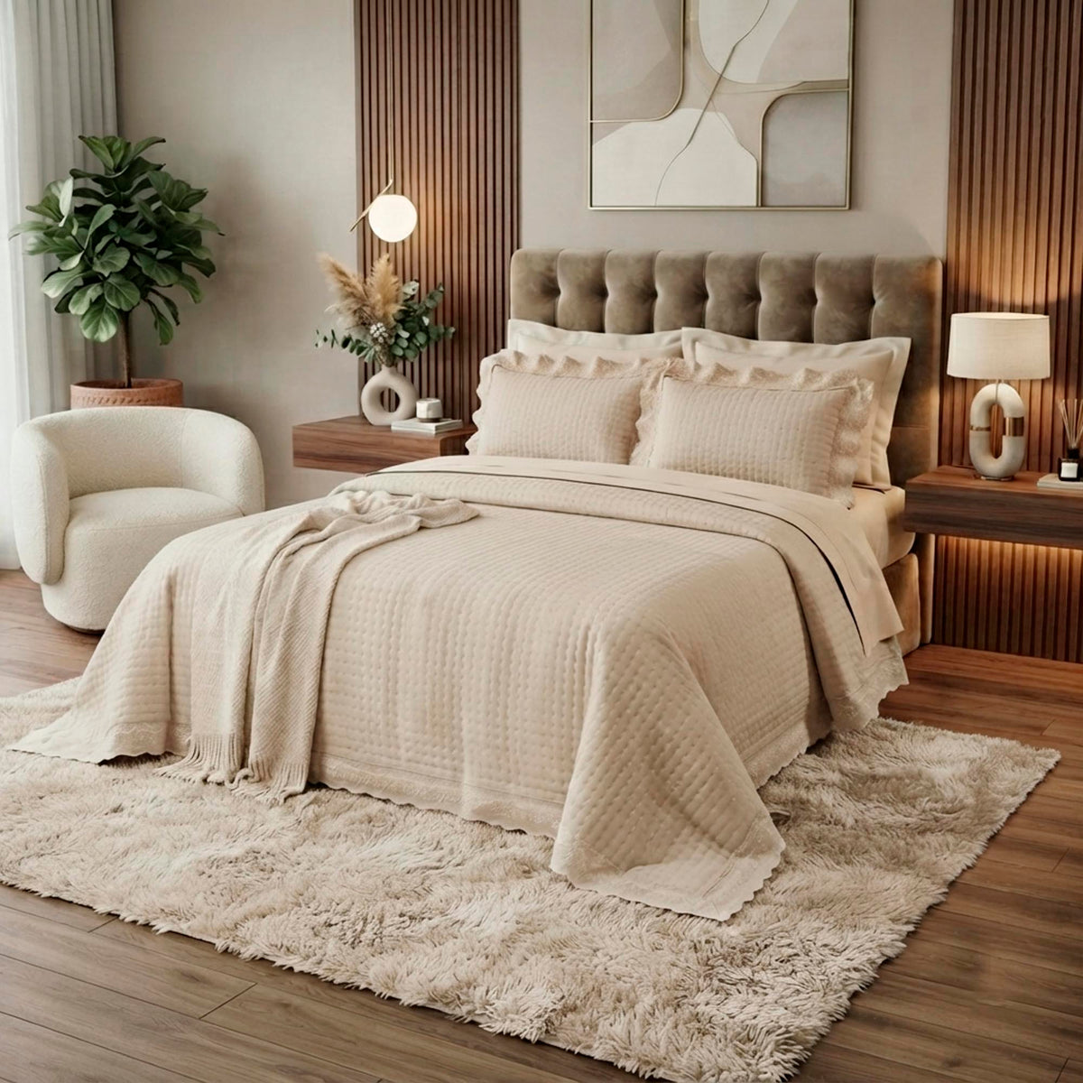 Kit Cama Queen Bordado Inglês - BEGE