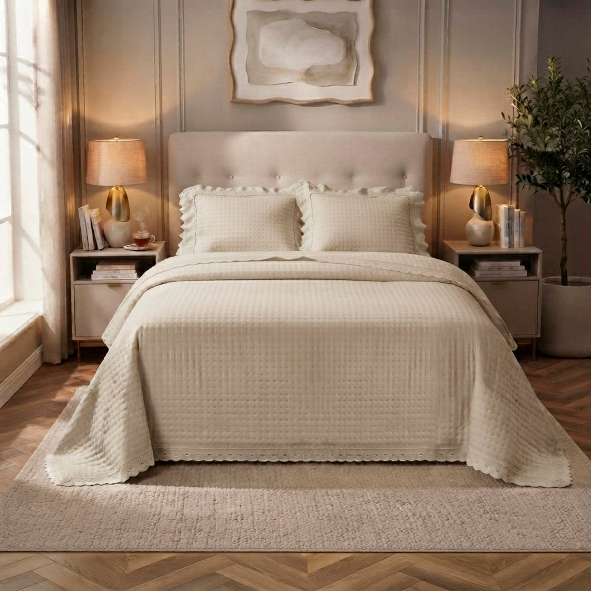 Kit Cama Casal Bordado Inglês - BEGE