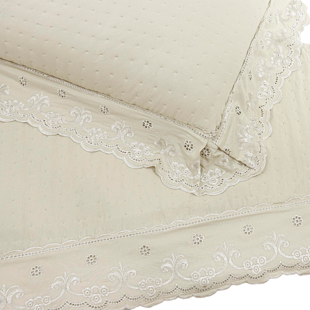 Kit Cama Casal Bordado Inglês - BEGE