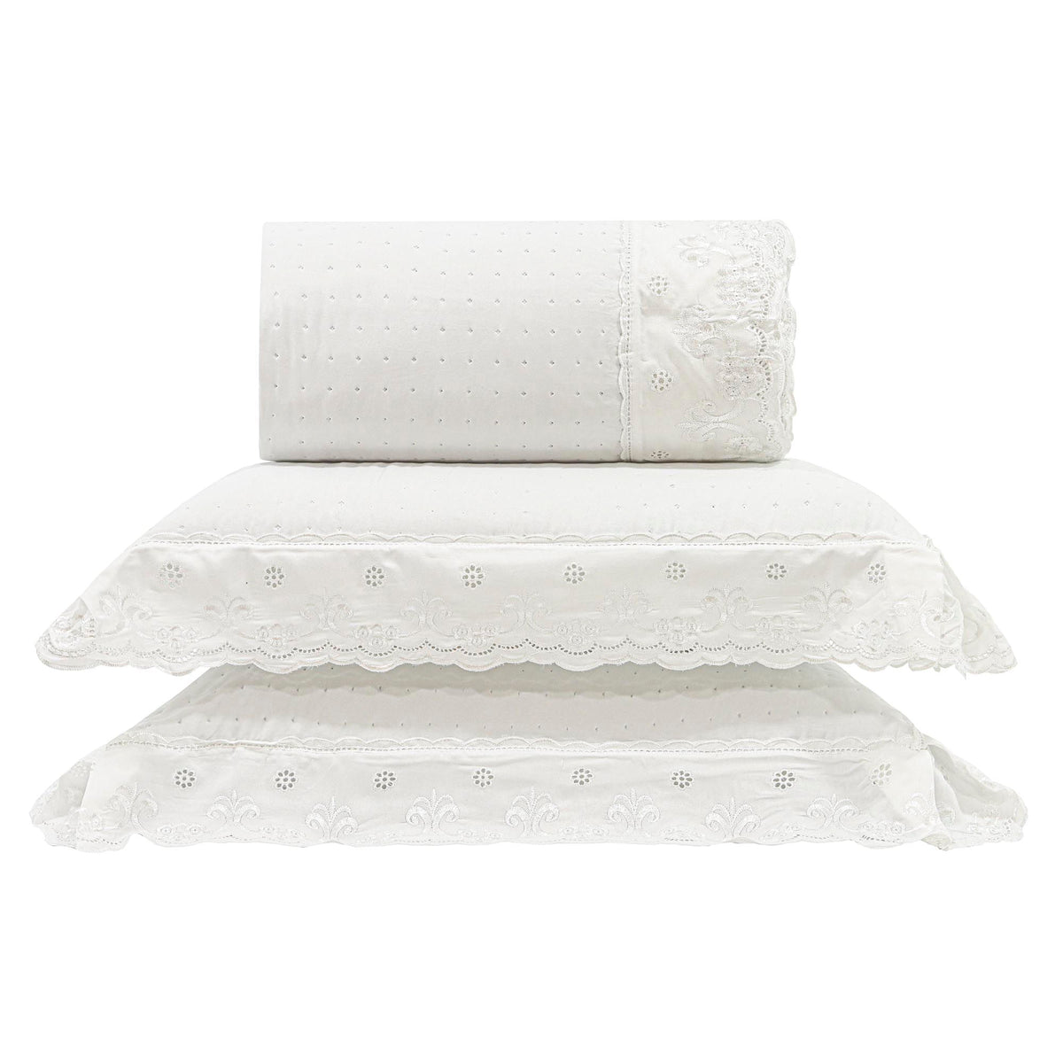 Kit Cama Casal Bordado Inglês - BRANCO