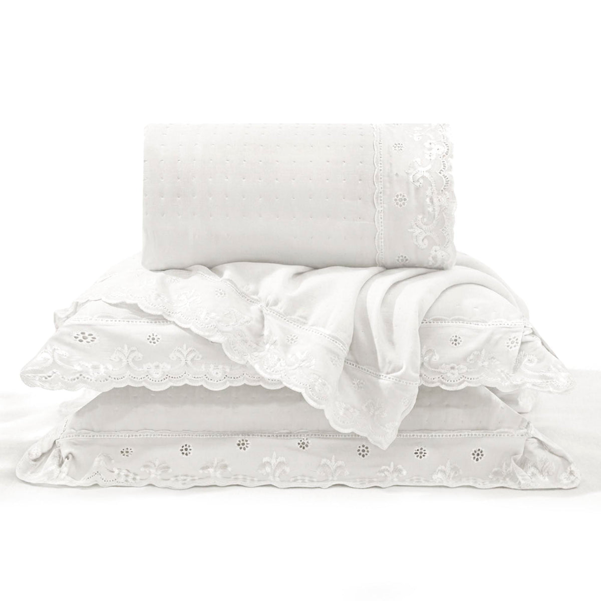 Kit Cama Casal Bordado Inglês - BRANCO