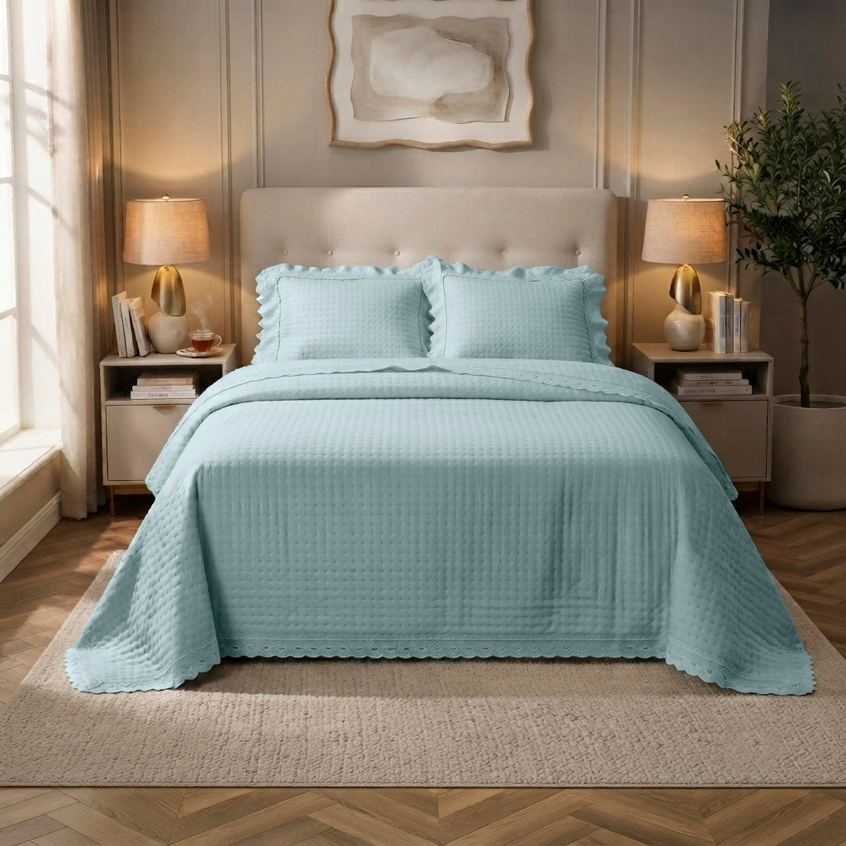 Kit Cama Casal Bordado Inglês - AZUL