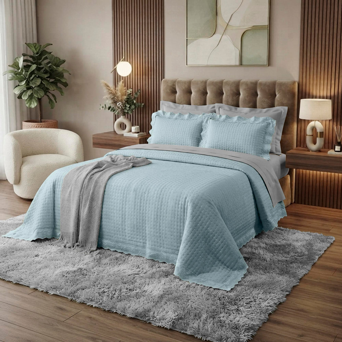 Kit Cama Queen Bordado Inglês - AZUL