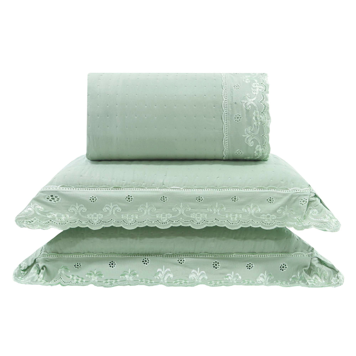 Kit Cama Casal Bordado Inglês - VERDE
