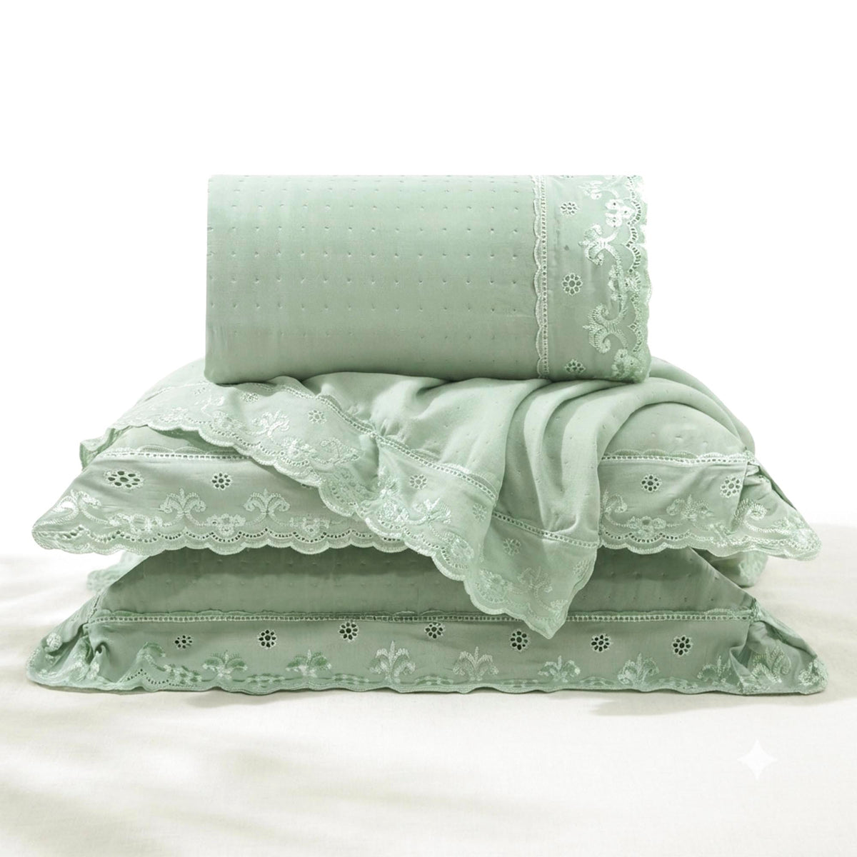 Kit Cama Casal Bordado Inglês - VERDE