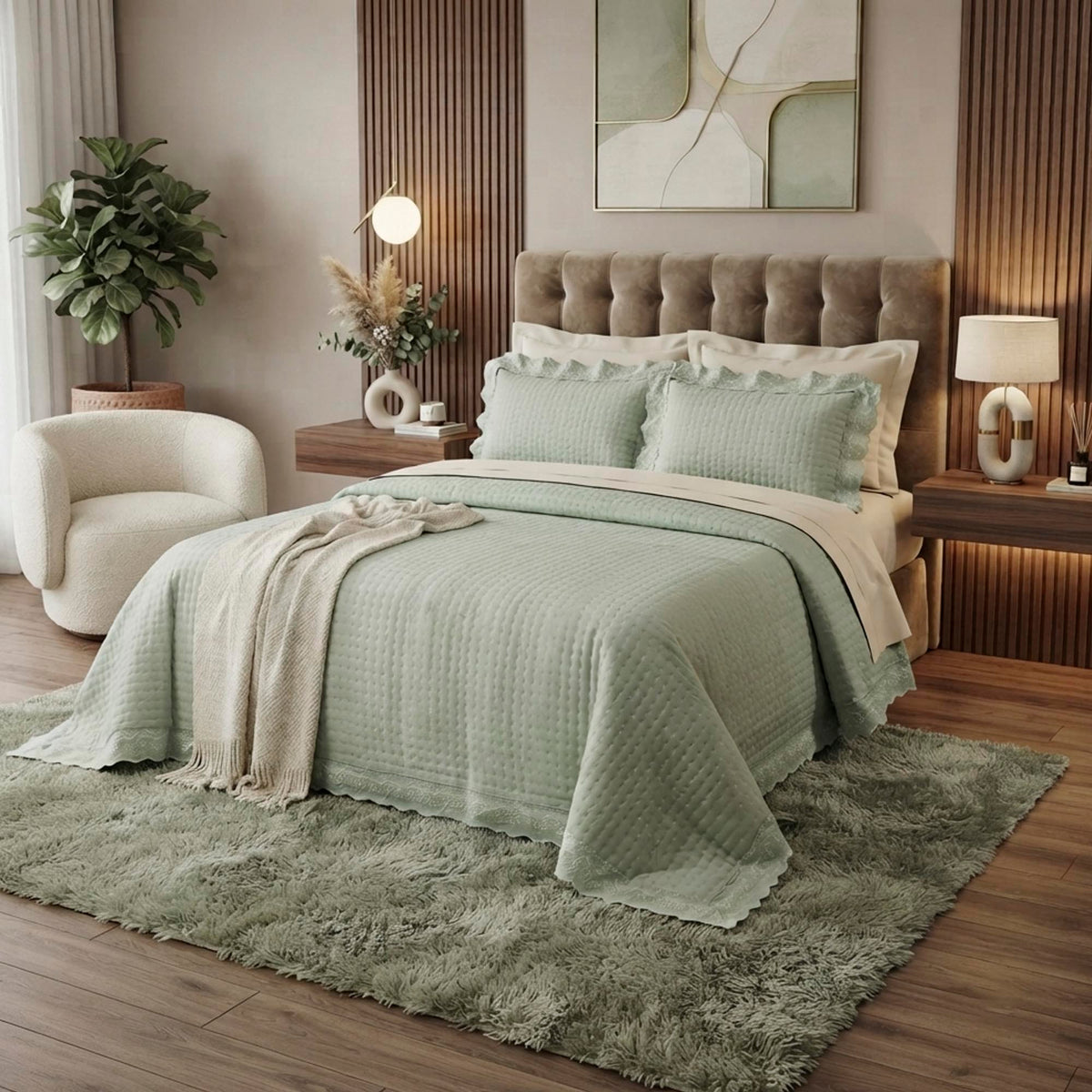 Kit Cama Queen Bordado Inglês - VERDE
