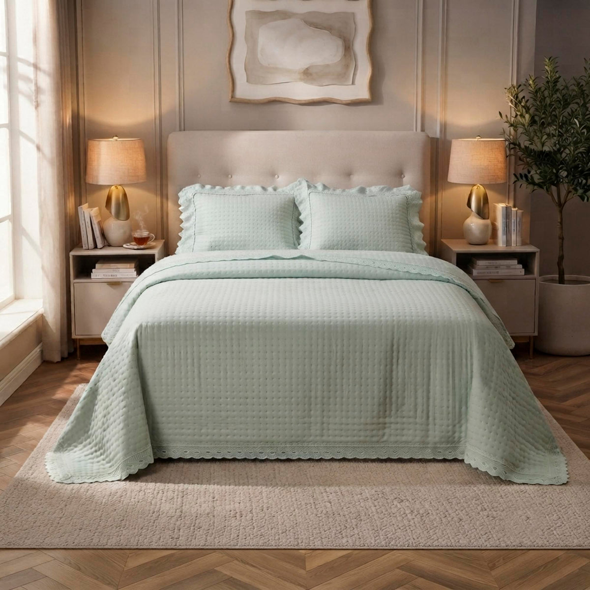 Kit Cama Casal Bordado Inglês - VERDE