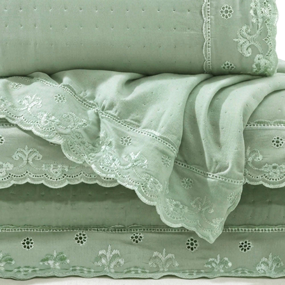 Kit Cama Casal Bordado Inglês - VERDE