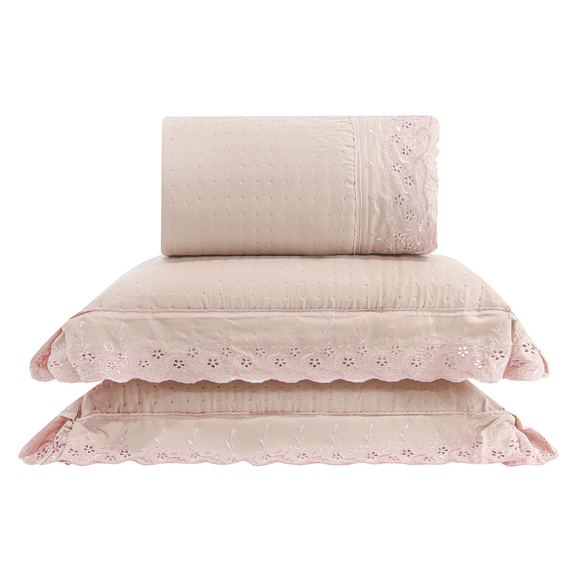Kit Cama Casal Bordado Inglês - ROSA