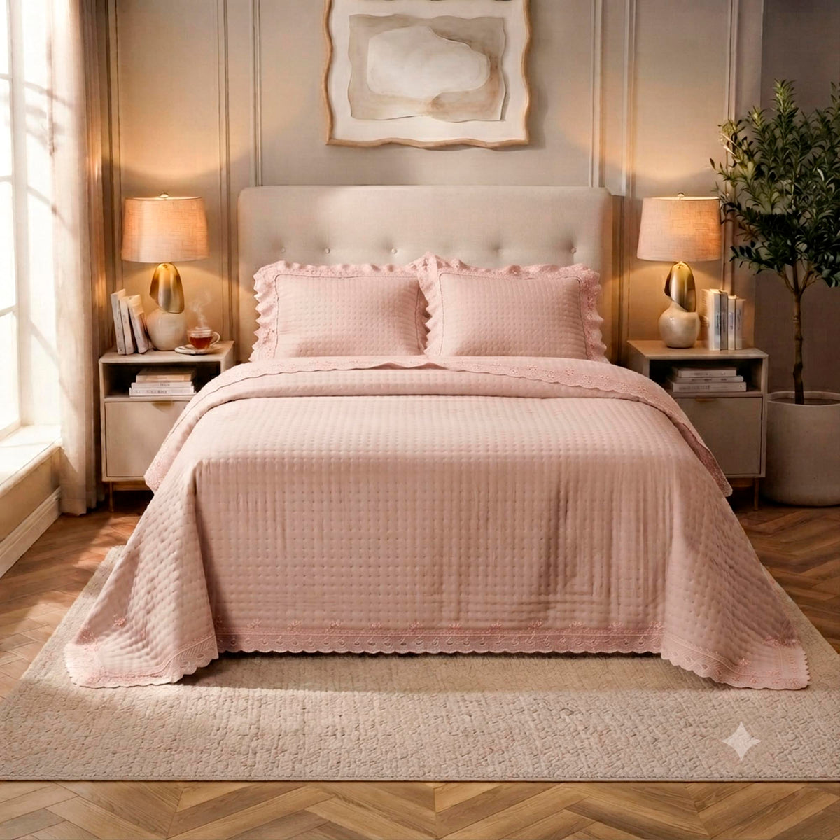 Kit Cama Casal Bordado Inglês - ROSA