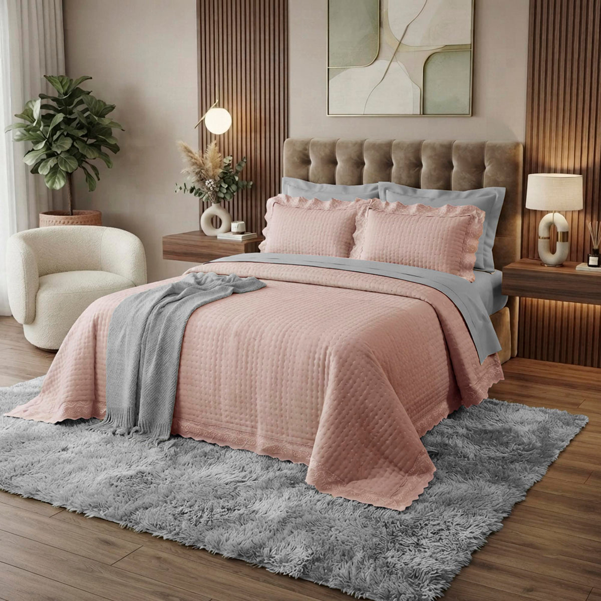Kit Cama Casal Bordado Inglês - ROSA