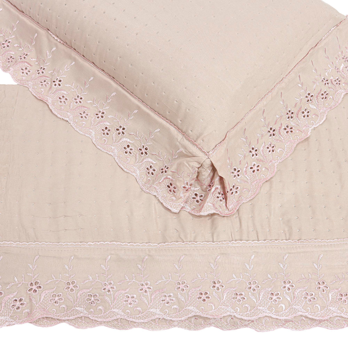 Kit Cama Casal Bordado Inglês - ROSA
